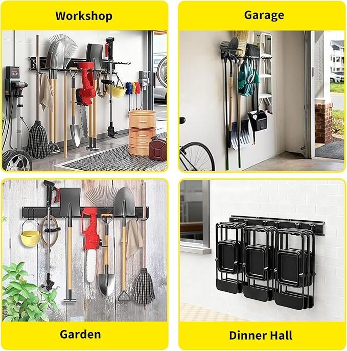 48" Garage Tool Organizer Wall Mount, Heavy-Duty Garden Tool Storage Organization System with 8 Adjustable Hooks & 2 Straps for Garage Basement Yard Shed (13 Pcs) Black