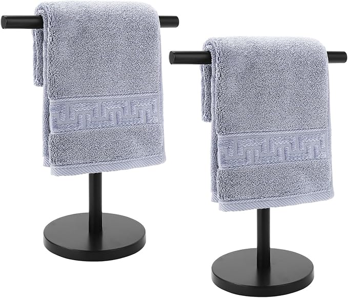 T-Shape Bath Hand Towel Holder Stand, Stainless Steel Free Standing Hand Towel Rack with Heavy Base, for Bathroom Kitchen & Countertop, Matte Black, 2 Pack