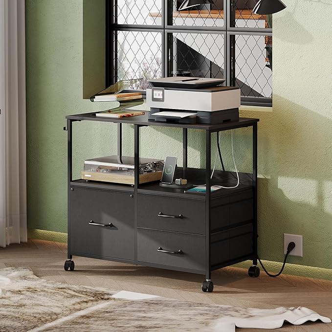 DEVAISE 3 Drawer Mobile File Cabinet, Rolling Printer Stand with Storage Shelf, Fabric Lateral Filing Cabinet fits A4 or Letter Size, Adjustable Shelf for Home Office, Black