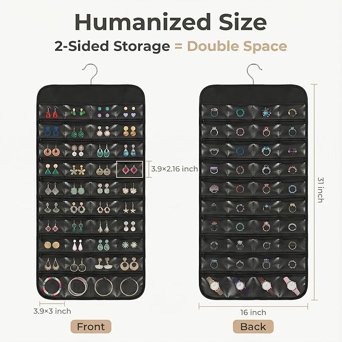 Hanging Jewelry Organizer Double Sided with 80 Clear Pockets, Necklace Organizer Hanging for Closet and Wall, Jewelry Organizer with Hanger, Over the Door Jewelry Organizer, Large Jewelry Storage Bag