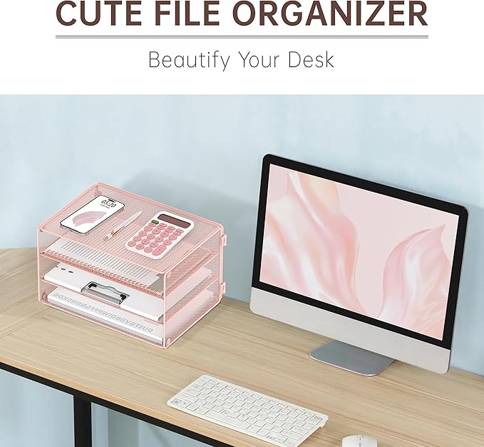 DALTACK 3 Tier Letter Tray Paper Organizer Mesh Metal Desk File Organizer for Home & Office, Pink