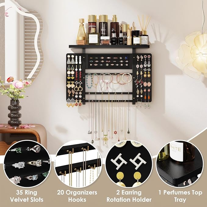 Emfogo Jewelry Organizer Hanging Wall Mounted Jewelry Holder, 5-in-1 Large Capacity Necklace Organizer Wall Display for Ring, Necklaces, Bracelets, Earrings(Black)