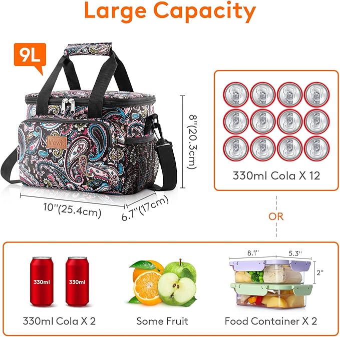 Lifewit Medium Lunch Bag Insulated Lunch Box Soft Cooler Cooling Tote for Adult Men Women, Paisley 12-Can (9L)