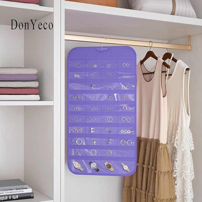 1 Pack Hanging Jewelry Organizer 80-Pocket Dual-sided Jewelry Storage for Earring Necklace Bracelet Ring Travel Holder, Purple