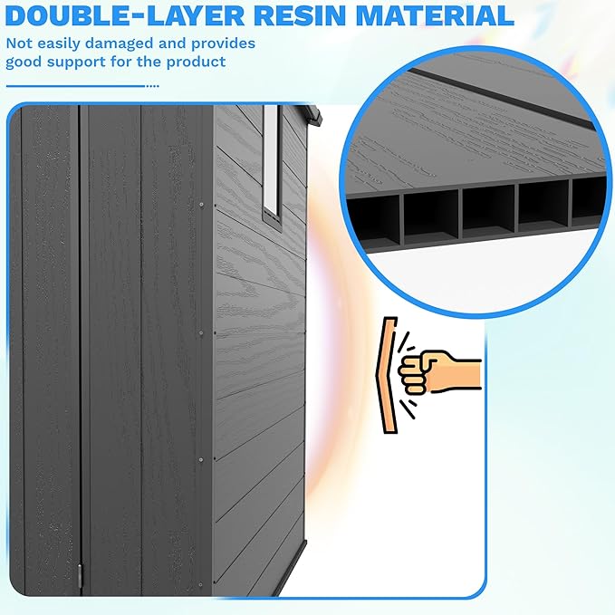 Greesum 6x6FT Plastic Outdoor Storage Shed with Floor, Resin Sheds with Lockable Double Door, Tool Sheds with Window and Vents, for Garden, Backyard, Patio, Dark Gray
