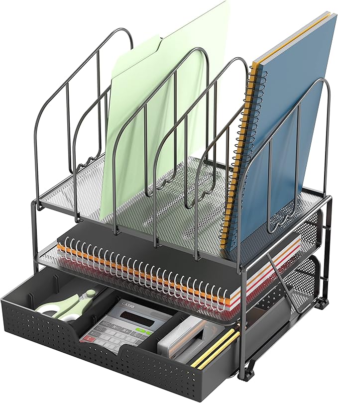 Deco Brothers Mesh Desk Organizer with Double Tray, 5 Upright Sections and Sliding Drawer, Black