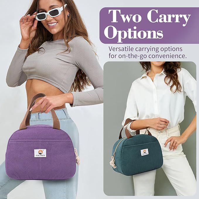 Lunch Box Lunch Bag for Women Girls Teens, Cute Lunch Box Cooler Bag, Portable Small Insulated LunchBox Reusable Corduroy Lunch Tote for Work/Travel/Picnic/School (Purple)