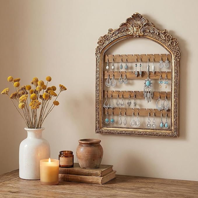 1 Pcs Wall Hanging Earring holder Organizers Vintage Arched Frame 4 Layer Wall Mounted Jewelry Holder Decorative Retro Baroque Stud Earring Display Gift (Gold,10 x 6.9'')