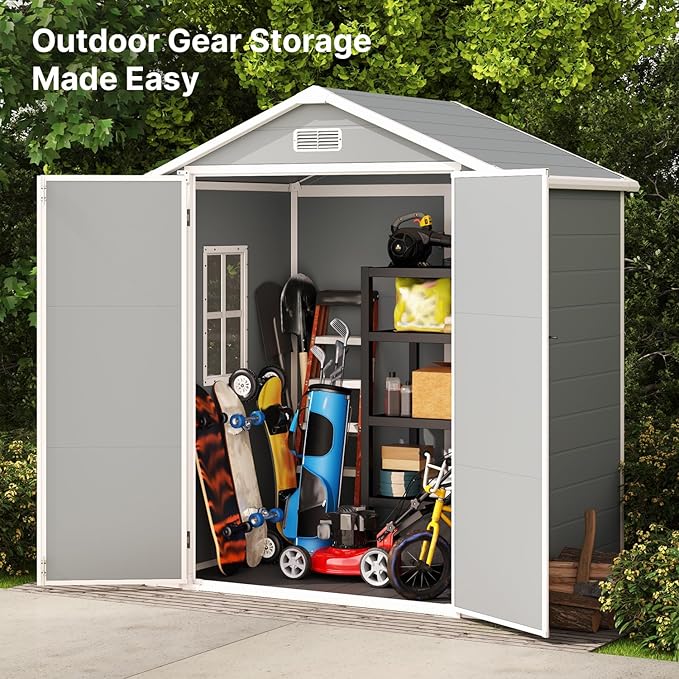 Gizoon 6x4.4 FT Outdoor Storage Shed with Floor, All-Weather Resin Garden Shed with Lockable Doors & Windows, Plastic Tool Sheds for Patio, Lawn & Garden (Grey)
