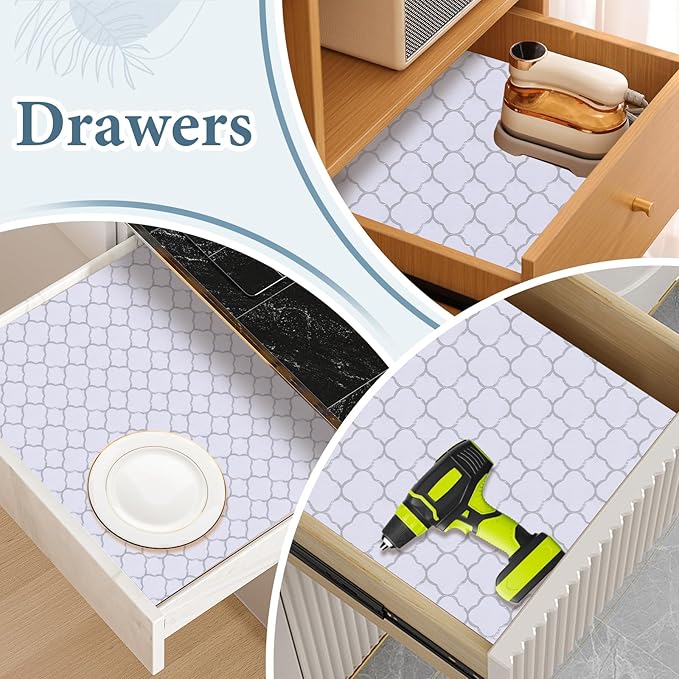 Shelf Drawer Liners for Kitchen Cabinets Non Adhesive Drawer Liner Thickened Refrigerator Liner Silver Quatrefoil Strong Non-Slip Paper for Tool Box with Knife and Tape Measure,11.8 x 236.2 Inches