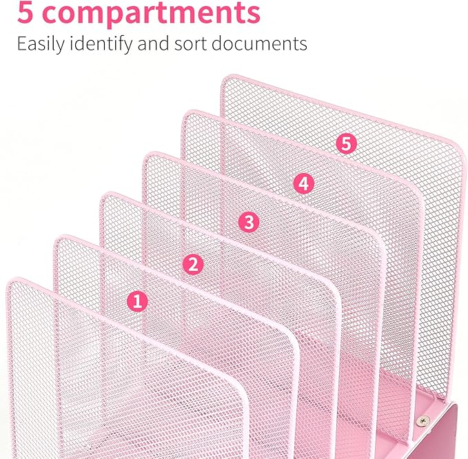 File Organizer for Desk, Desk Organizer with 5-Section Vertical File Rack, Folder Organizer,Workspace Organizers (Pink)