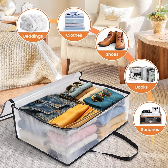 4 Pack Clear Storage Bags for Comforter, Clothes & Bedding, Plastic Blanket Storage with Zipper and Handle, Moving Bags, Closet Organizer and Under-Bed Storage (40L)