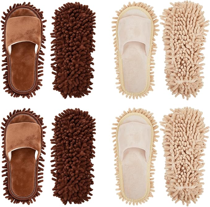 Jecery 4-Pair Washable Microfiber Mop Slippers - Detachable Dusting Shoes for Floor Cleaning, Office & Home Use - Suitable for Women & Men(Brown, Beige,M Size)
