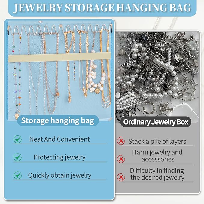 GMAK Hanging Jewelry Organizer with Hanger Metal Hooks, Double-Sided Jewelry Holder Accessories Organizer Storage Roll for Jewelry, Earrings, Bracelets, Necklaces, Rings - Light Blue