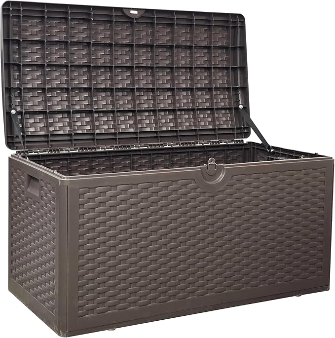 90 Gallon Outdoor Storage Box Waterproof, Lockable Resin Deck Box Large Storage Bin for Patio Furniture Cushion, Garden Tools, Pool Accessories, UV-Resistant Outside Delivery, Brown
