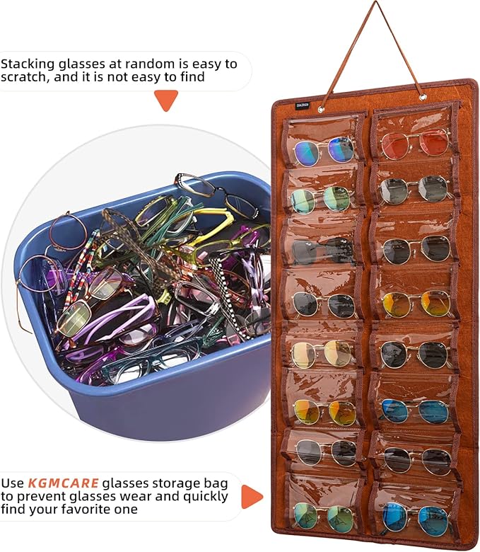 Sunglasses Organizer Storage - 16 Slots Glasses Storage Wall Pocket Display Hanging on Door, Eyewear Display, Dust-Proof (Brown, Dust-Proof)