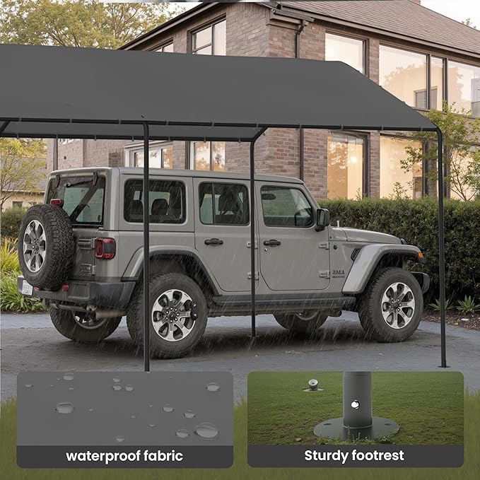 Carport, 10‘ x 20’ Heavy Duty Portable Garage All-Season Car Canopy, Outdoor Garage Boat Shelter Carport Canopy Party Tent w/Water-Resistant Tarp for Backyard (Grey, 10' x 20' /no Side)