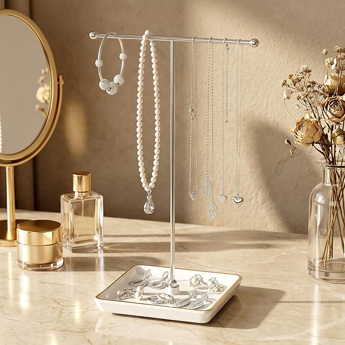 Jewelry Holder Stand with Ceramic Base: 12" Tall Necklace Organizer Rack, Tree Design Display Storage for Necklaces, Bracelets, Rings, Earrings, Aesthetic Vintage Room Décor (Silver)