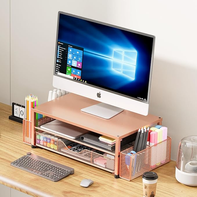 OPNICE Desk Organizers and Accessories, 2-Tier Computer Monitor Stand with Drawer and 2 Pen Holders, Laptop Stand, Office Desk Accessories for Office Supplies, Rose Gold