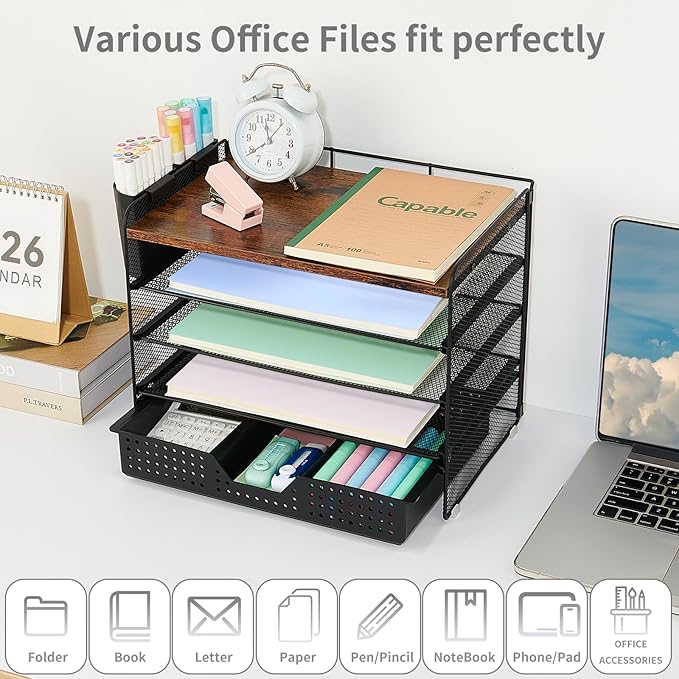 Desk Organizers and Accessories, 5-Tier Paper Letter Tray Organizer with Drawer & 2 Pen Holders, Desktop Organizer for Office Supplies (Wood)