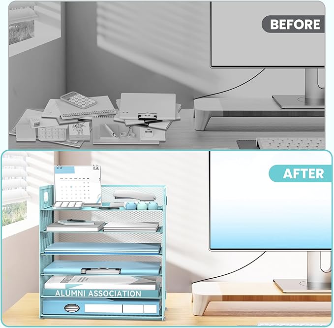 Daltack 6 Tier Paper Organizer for Desk, Paper Letter Tray Organizer for Desks, Mesh Desk File Organizers with Handle for Office, Home, School, Blue, 2 Pack