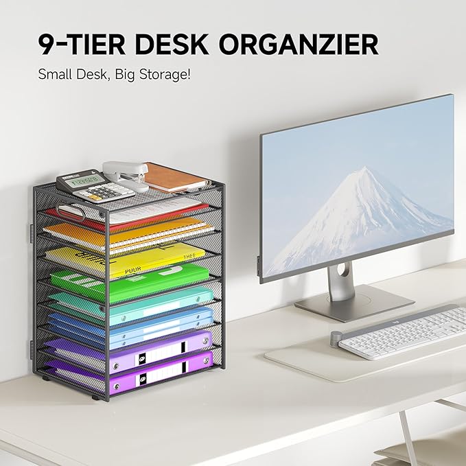 9 Tier Paper Organizer with Handle, Large Capacity Desk Organizer Mesh File Folder Letter Paper Tray Desktop Document Sorter for Classroom, School, and Office Accessories Organization - Grey