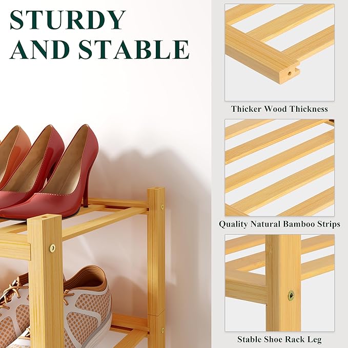 Smiry Shoe Rack, 2 Tier Small Bamboo Shoe Organizer, Stackable Free Standing Wooden Shoe Storage Shelf for Closet, Entryway, Front Door Entrance, Natural