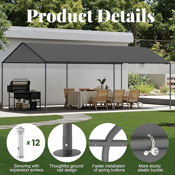 Carport, 10‘ x 20’ Heavy Duty Portable Garage All-Season Car Canopy, Outdoor Garage Boat Shelter Carport Canopy Party Tent w/Water-Resistant Tarp for Backyard (Grey, 10' x 20' /no Side)