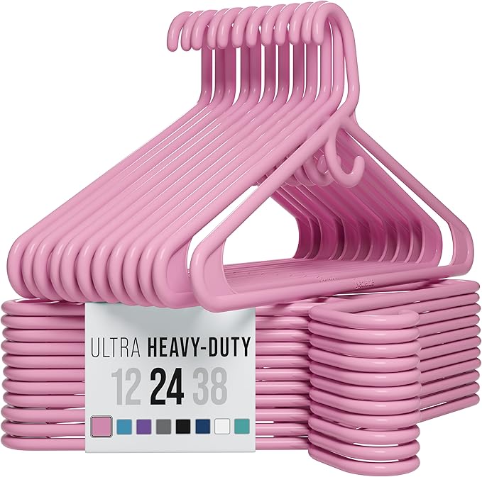 NEATERIZE Ultra Heavy Duty Plastic Clothes Hangers - Pink - Durable Coat, Suit and Clothes Hanger. Perchas De Ropa (24 Pack - Pink)