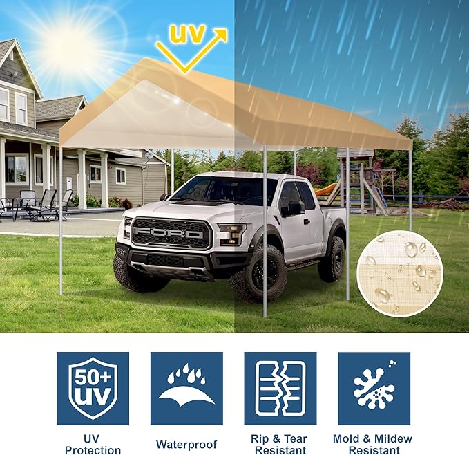 10'x20' Upgraded Carport Replacement Top Canopy Cover Beige for Car Garage Top Tarp Shelter Waterproof & UV Protected w/Ball Bungees (Only Top Cover, Frame is not Included)