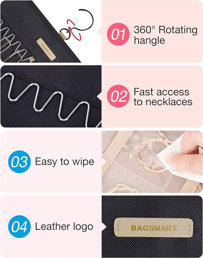 BAGSMART Hanging Jewelry Organizer Storage Roll with Hanger Metal Hooks Double-Sided Jewelry Holder for Earrings, Necklaces, Rings on Closet, Wall, Door, 1 piece, Extra Large, Black