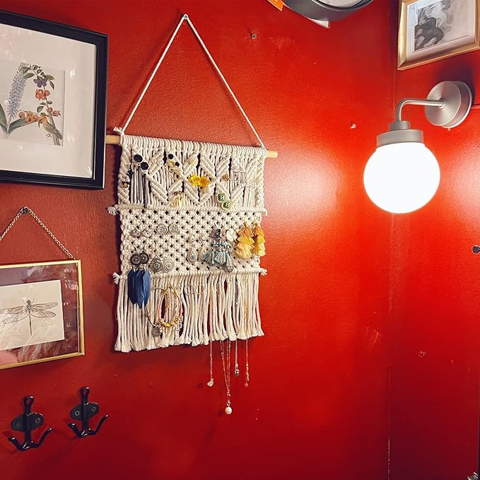 Macrame Jewelry Holder - Wall Hanging Organizer for Necklaces, Earrings, Rings & Bracelets - Cotton Thread