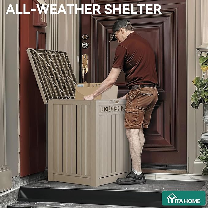 YITAHOME Outdoor Package Delivery Storage Box 51 Gallon, Secure Lockable Resin Package Delivery Container, Deck Box for Porch & Curbside, Brown