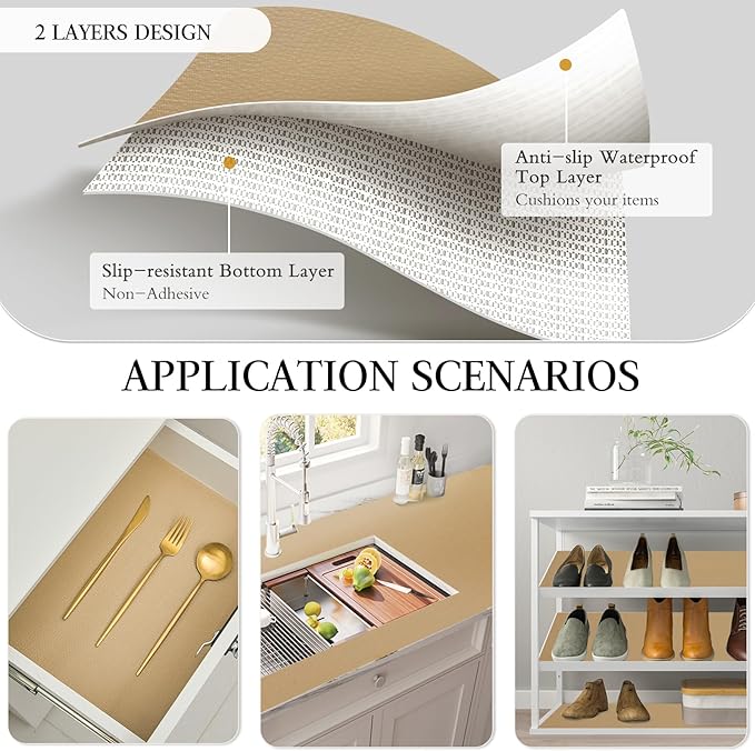 Beautysaid Shelf and Drawer Liner for Kitchen Cabinet, Non Adhesive Non Slip Shelf Paper Waterproof Washable Thickened for Dresser Pantry Shelve Bathroom Protector Liner(Beige,12 in x 10 FT)