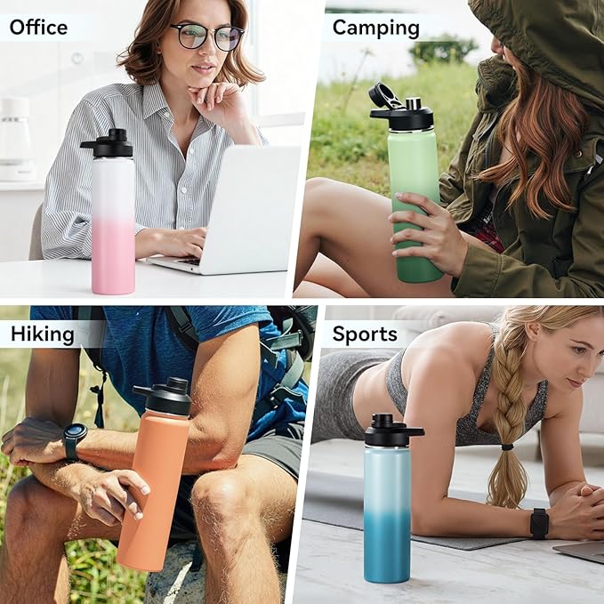 24 oz Insulated Water Bottle with Handle, 305 Stainless Steel Water Bottles with Wide Mouth, Double Wall Vacuum Sports Water Bottle, BPA Free, Keep Cold and Hot, Coral