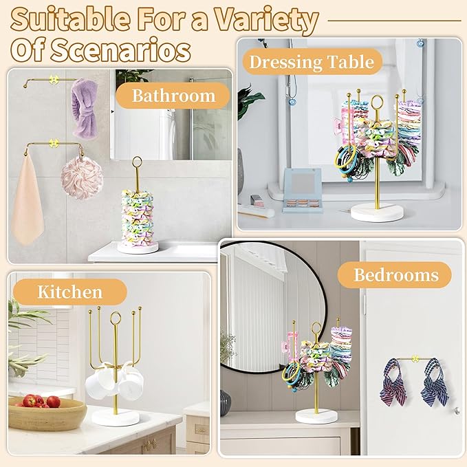 Scrunchie Holder for Desktop, Hair Tie Organizer Wall Mount, Metal Claw Clip Organizer, Headband Storage for Women Hair Accessories Display Stand for Hairbow, Bracelets, Ropes Ties (Gold)