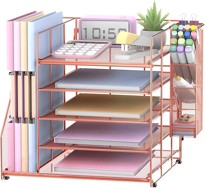 Rose Gold Desk Accessories, 5-Tier Desk Organizer with Magazine Holder, Paper Organizer with Pen Holder for Home, Office or School Supplies