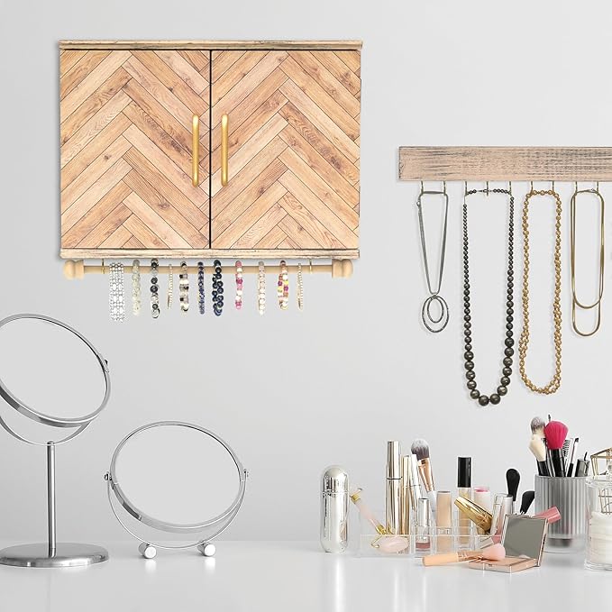 Wall Mounted Jewelry Organizer with Herringbone Wood Pattern. Jewelry holder for Necklaces, Earings, Bracelets, Ring Holder, and Accessories. Includes hooks for hanging jewelry - Brown