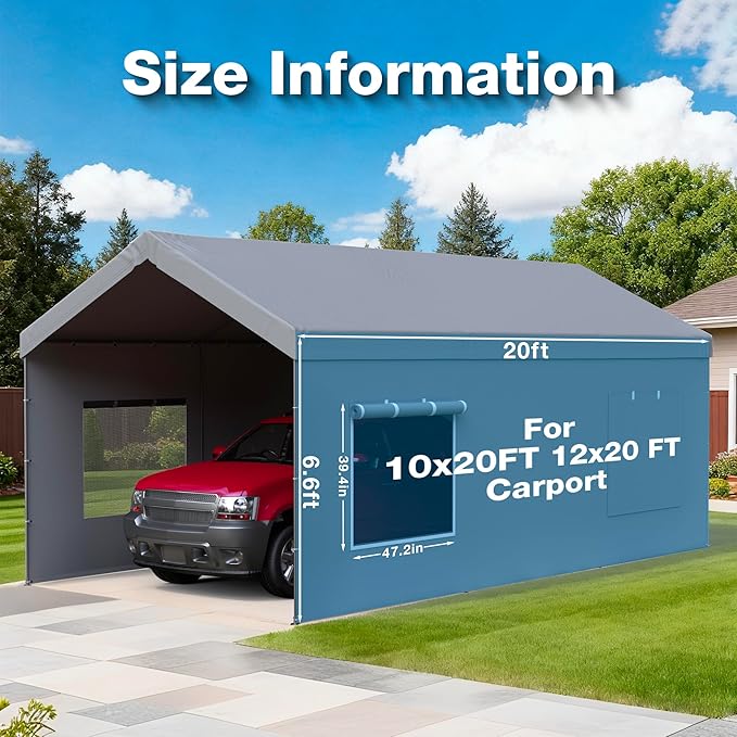 Carport Canopy Replacement Sidewall 20x6.6 FT Fits 10x20, 12x20, 20x20 FT Carport with Roll-up Windows, Waterproof & UV Protected, Easy Assembly with Ball Bungees, Grey (Sidewalls Only, 2 Pack)