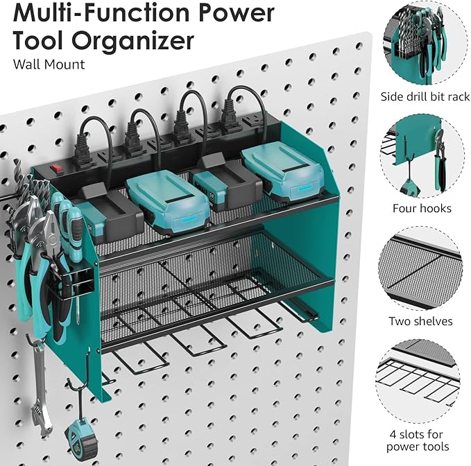 CCCEI Modular Power Tool Organizer Wall Mount with Charging Station. Garage Drill Storage Shelf with Hooks, Heavy Duty Rack, Tool Battery Holder Built in 8 Outlet. Gift for Men. Navy Blue, 2 Pack.