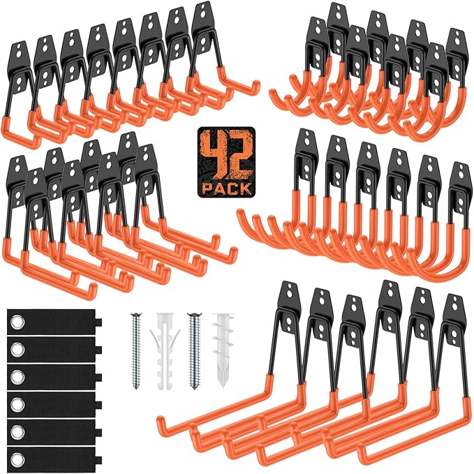 42 Pack Garage Hooks Heavy Duty, Rust-Resistant Solid Steel Wall Mount Hangers for Hanging Ladders & Bikes, Non-Slip PVC Coating Tool Organizer, 5 Sizes U & J Shapes + 6 Straps