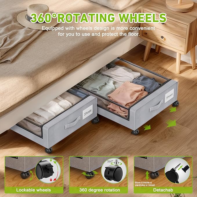 Under Bed Storage with Wheels, 2-Pack Under the Bed Storage Containers with Clear Lids & Label, Underbed Storage Bins, XXL 60L Rolling Metal Drawer for Clothes, Shoes, Toys, Books - Gray