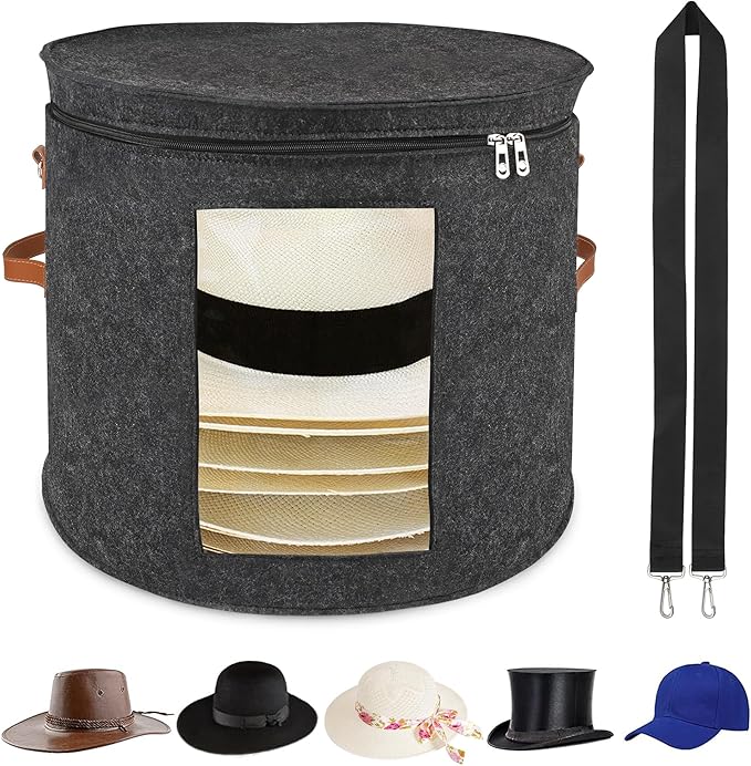 Large Hat Storage Box for Women & Men, 19" D x 17" H Oversized Hat Box Organizer，Foldable Round Travel Hat Boxes with Dustproof Lid, Stuffed Toy Storage Bin Bag (Dark Gray)