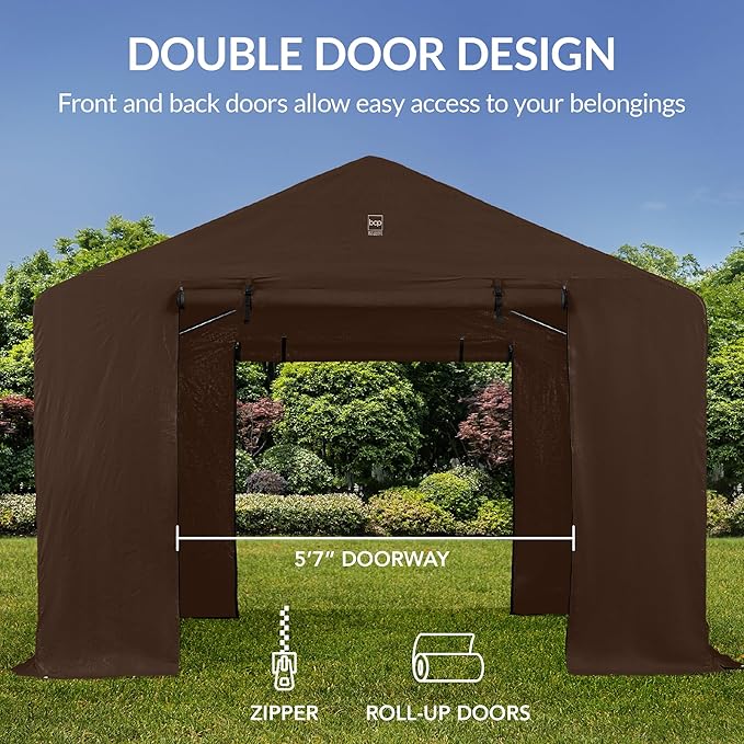 Best Choice Products 10x8ft Outdoor Storage Shed, Carport, Canopy Shelter, Dual Doors & Windows, Metal Frame, Weather-Resistant, Perfect for Storing Motorcycle, Bike, Garden Tools – Brown
