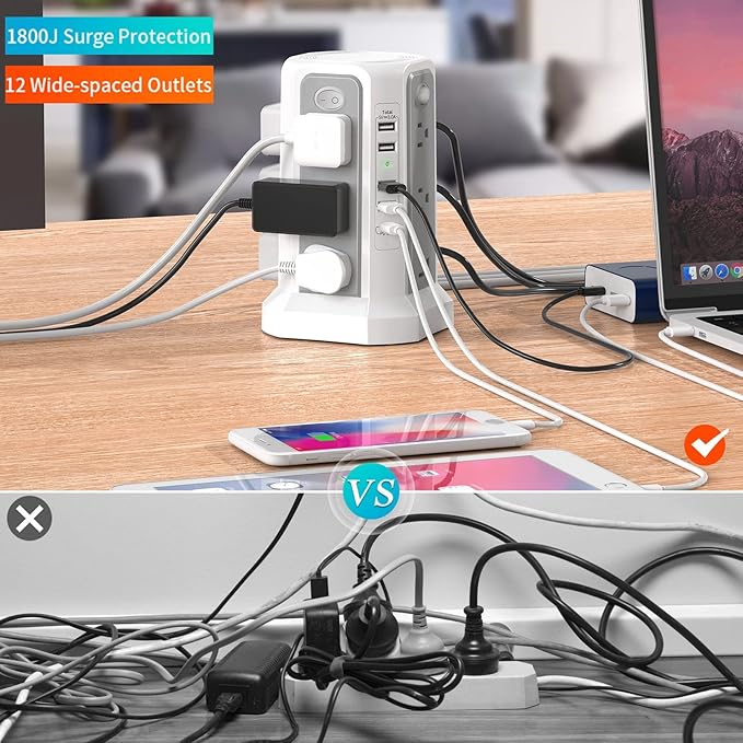PASSUS Surge Protector Power Strip with USB C Port,10FT Extension Cord with 12 AC Outlets, Power Strips with Surge Protection for Home Office DormRoom