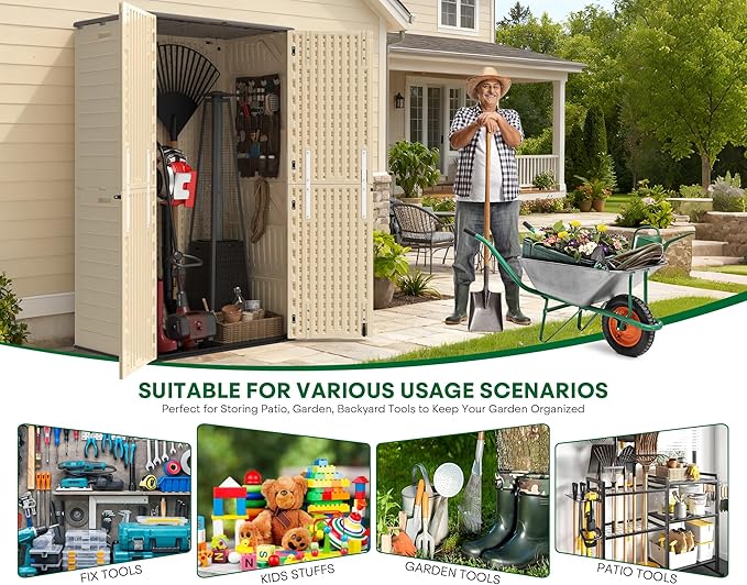 Vertical Outdoor Storage Shed, 60 Cu.Ft Resin Storage Cabinet Waterproof with Lockable Floor, All-Weather Tall Backyard Shed for Patio Furniture, Garage, Garden, Porch (Khaki)