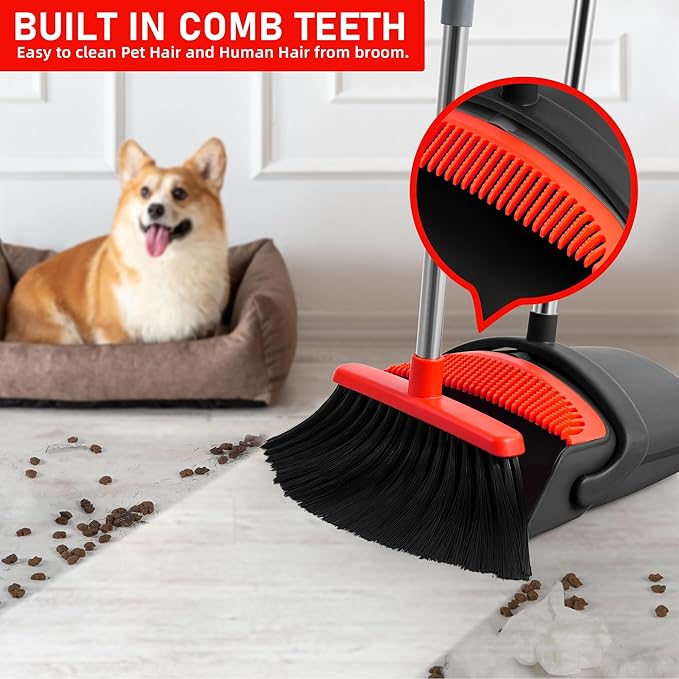 Broom and Dustpan Set, 52-in Long Adjustable Handle Broom with Dustpan Combo Set with Dust Pan Teeth for Home Office Kitchen Lobby Floor to Clean Pet Hair Indoor&Outdoor Cleaning