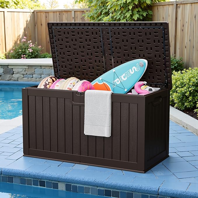 JUMMICO 250 Gallon Outdoor Resin Deck Box with Divider, Waterproof Storage Box with Lockable Lid&Side Handles for Garden Tools, Pools Supplies (Brown)