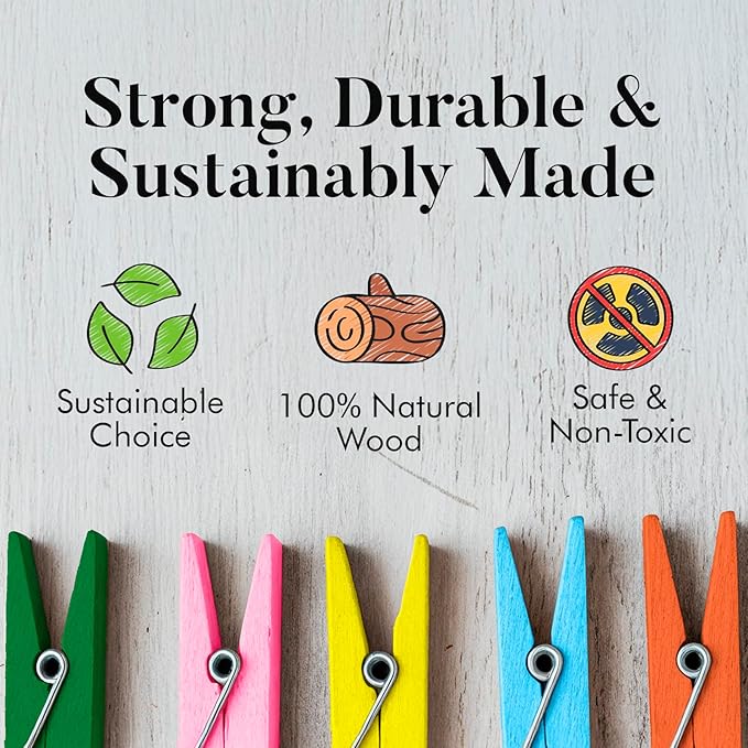 Zeno Blue Clothes Pins Wooden – 50 Pack Wooden Clothespins 2.9 Inch with Rust-Resistant Coil, Natural Wood Clips for Laundry, Hanging Clothes, Crafts & DIY, Blue