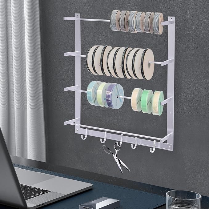 MOCHAG Craft Ribbon Holder Organizer Storage Rack, 4 Tier Wall Mount Retail Display Scarf &Tie Rack with 5 Hooks, Wire Spool Rack Ribbons Roll Storage Sewing Tool Rack for Home Clothing Retail Store